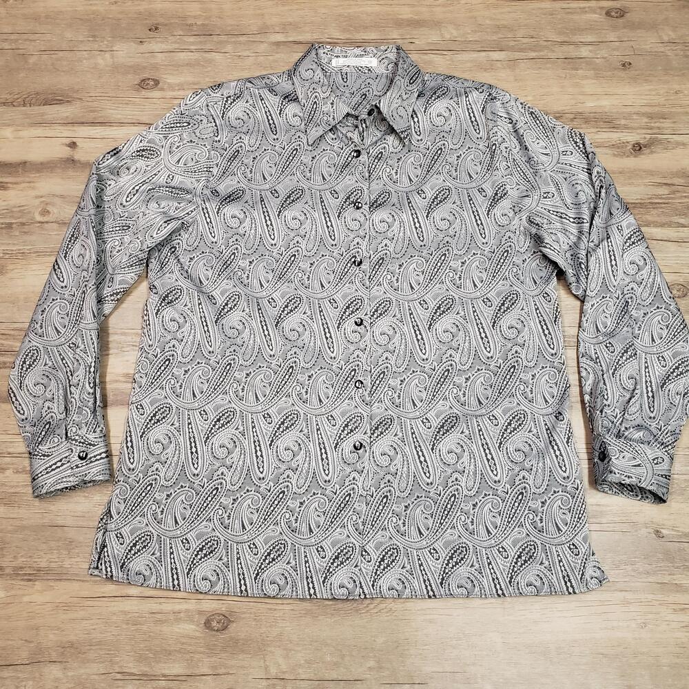 Foxcroft Shirt Womens 14 Gray Paisley Wrinkle Free Button Up Long Sleeve Top
